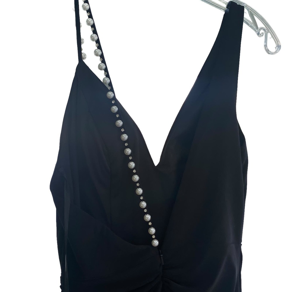 Mac Duggal Pearl Crystal Strap V Neck Front Slit Gown Black 2 - Picture 5 of 7
